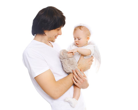 Happy young father with baby on a white background