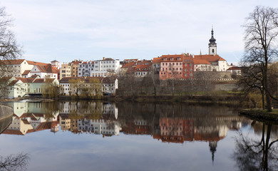 Colorful royal medieval Town Pisek above the river Otava, Czech Republic 