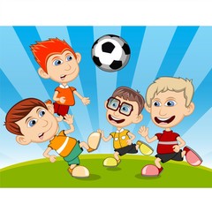 Children playing soccer in the park cartoon vector illustration