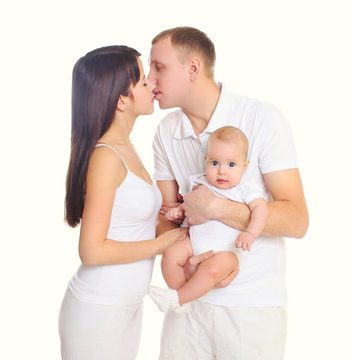 Happy family together, mother and father with baby on a white ba