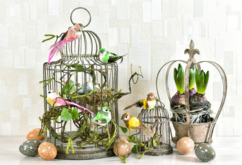 Easter decoration eggs, birds, hyacinth flowers