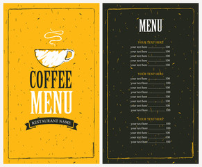 menu for a cafe with price list and a cup of coffee