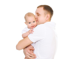 Fototapeta na wymiar Happy young father hugging baby on a white background