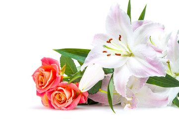 White-pink lilies and three red-orange roses isolated on white background