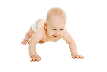 Cute little baby in diapers crawls on a white background