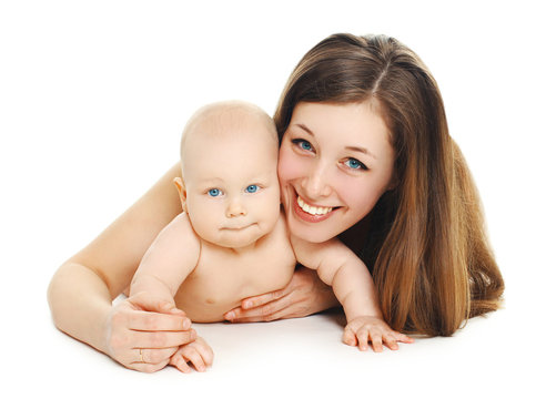Portrait happy young smiling mother and baby together on white b