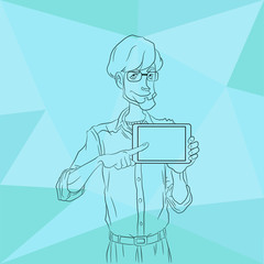 Illustration of an office  employee showing tablet screen for presentation applications.