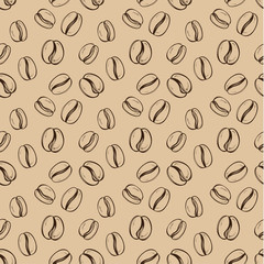 Seamless pattern with coffee grain in sketch style. Scattered coffee corn. Stylish seamless background for design of printed materials. Backdrop modern. Ornate ornament hand work.