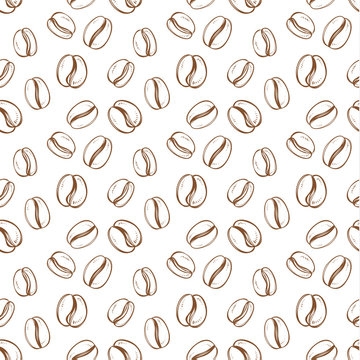 Seamless pattern with coffee grain in sketch style. Scattered coffee corn. Stylish seamless background for design of printed materials. Backdrop modern. Ornate ornament hand work.