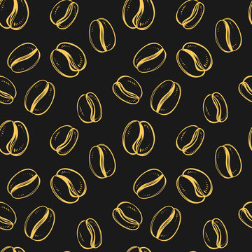 Seamless pattern with coffee grain in sketch style. Scattered coffee corn. Stylish seamless background for design of printed materials. Backdrop modern. Ornate ornament hand work.