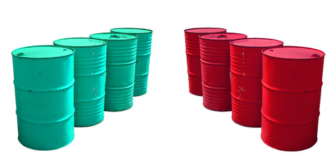 Blue and red fuel tanks stacked isolated on white background. Clipping path.
