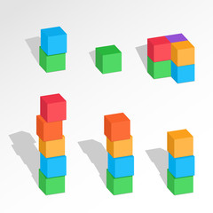 Set of cube combinations. Three, Four, five, six blocks compositions. Association, union, join, building, logo, project, game symbol. Colorful icons with shadow. Vector - 102179146