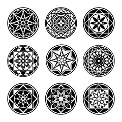 Mandala elements, tattoo icon set. Star, floral stylized ornament. Black round signs. Harmony, luck, infinity symbol. Vector