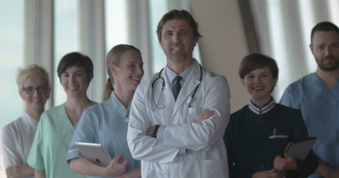 group of medical staff at hospital, doctors team standing together