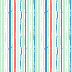 Seamless strip pattern. Vertical lines with torn paper effect. Shred edge background. Cold, soft, green, blue, red, white colors. Winter theme. Vector