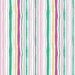 Seamless strip pattern. Vertical lines with torn paper effect. Shred edge background. Cold, soft, gray, magenta, green, yellow, white colors. Winter theme. Vector