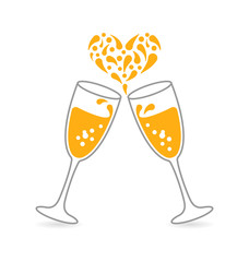 Wineglasses of Sparkling Champagne for Happy Valentines Day