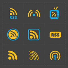 RSS sign icons. RSS feed symbols on Black Background. 