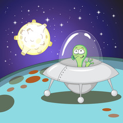 Funny green alien in a spaceship.