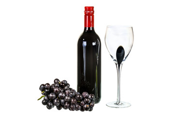 Red wine with glass and red grapes on white background