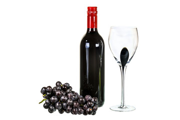 Fototapeta premium Red wine with glass and red grapes on white background