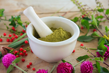 Fresh herbs powder in the mortar, alternative medicine