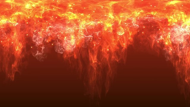 Abstract fire wall burning with flame spark and ash falling in black isolated background pattern in 4k ultra HD 