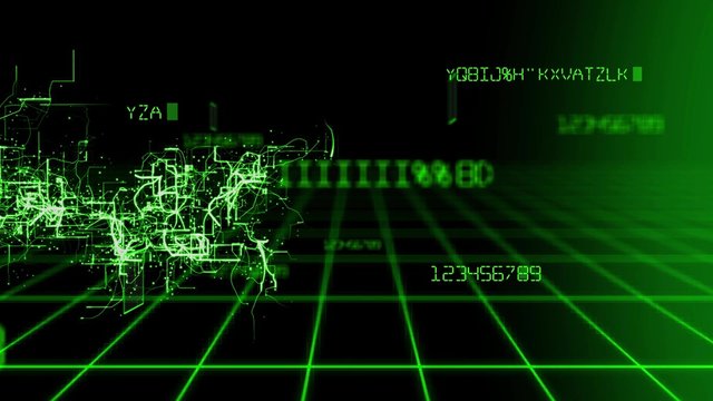 3D Abstract animation background pattern of digital software source code grid and inner block circuit of computer network system in green text in 4k ultra HD