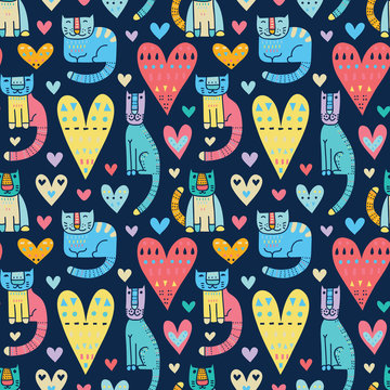 Fototapeta Cats and love, love and cats. Funny colorful vector seamless pat