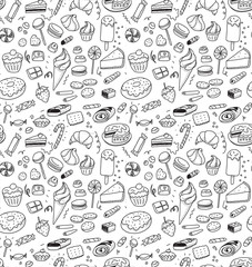 Hand drawn sweets and candies pattern. Vector doodles. Isolated food on white background. Seamless texture.
