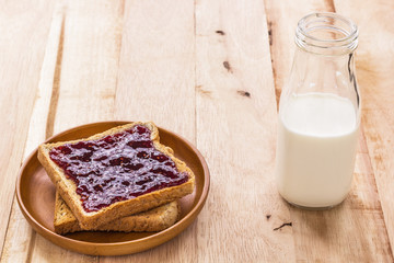 Toast with jam and milk bottle