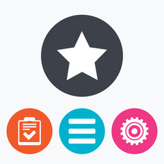 Star and menu list signs. Checklist, gear.