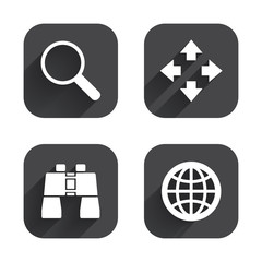 Magnifier glass and globe signs. Fullscreen.