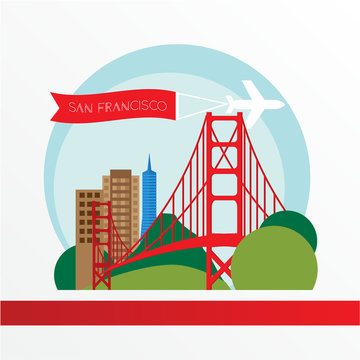 Golden Gate bridge - The symbol of US, San Francisco.. Vintage stamp with red ribbon