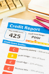 Poor credit score report on wrinkled paper with pen and keyboard