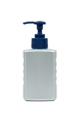 Gray cleanser or lotion bottle with pump on white background