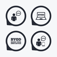 BYOD signs. Human with notebook and smartphone.