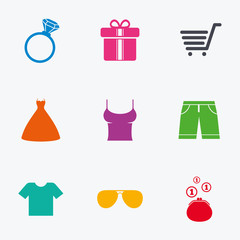 Clothes, accessories icons. Shopping signs.