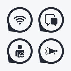 Wifi and chat bubbles. Add user, megaphone.