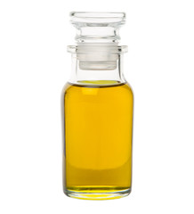 Avocado fruit oil extract in glass vial over white background