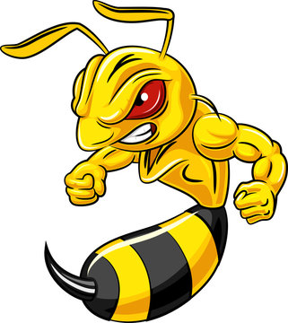 Cartoon angry bee mascot isolated on white background 