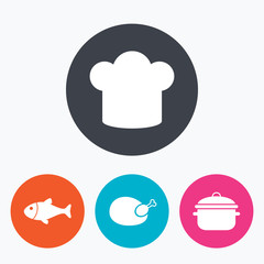 Chief hat, cooking pan icons. Fish and chicken.