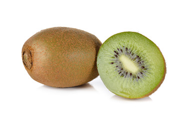 whole and half cut kiwi fruit on white background