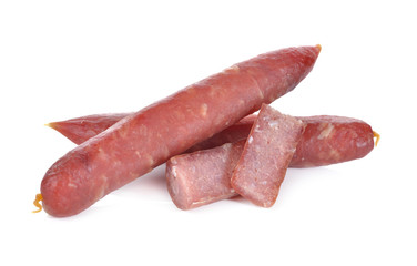 uncooked dry Chinese sausage on white background