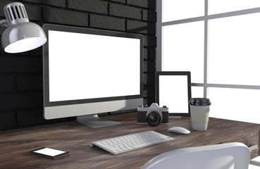 Fototapeta premium 3D illustration PC screen on table in office, Workspace