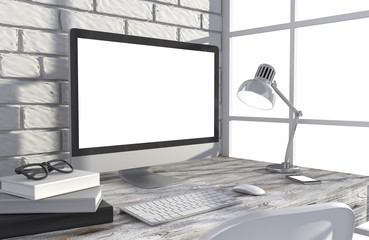 Fototapeta premium 3D illustration PC screen on table in office, Workspace