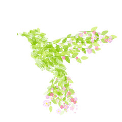 Flying beautiful bird with flowers and green leaves