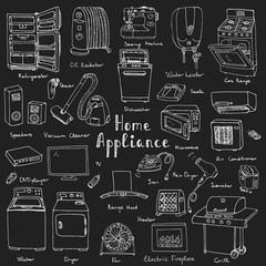 Hand drawn doodle Home appliance vector illustration Cartoon icons set Various household equipment and facilities Major and small appliances Consumer electronics Kitchenware Freehand vector sketches