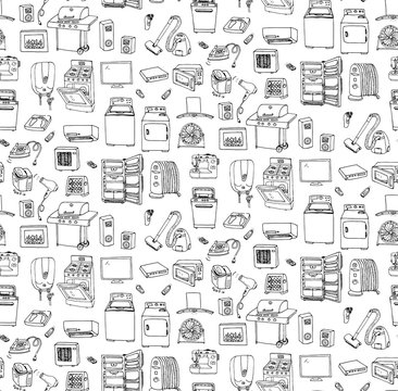 Seamless background hand drawn doodle Home appliance vector illustration Cartoon icons set Various household equipment Major appliances Consumer electronics Kitchenware Freehand vector sketches