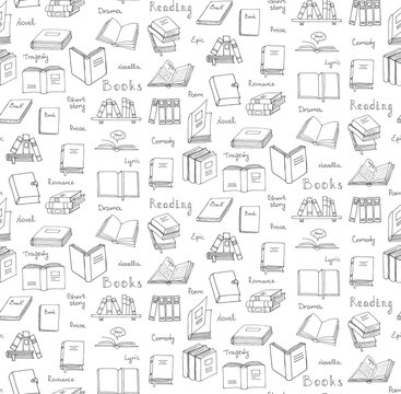Seamless background hand drawn doodle Books and Reading set Vector illustration Sketchy book icons elements Symbols of reading and learning Book club Back to school Education University College symbol